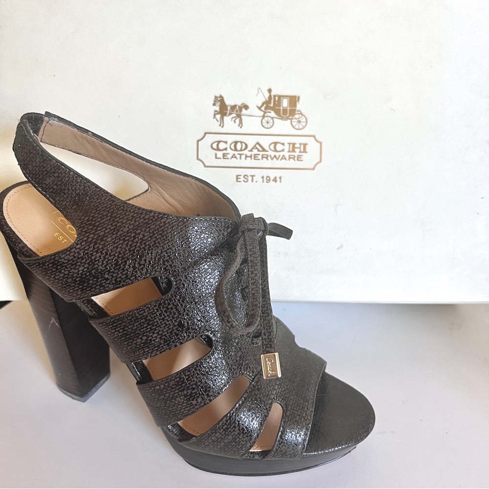 COACH  Moreen Shiny Textured Lace-Up Stacked Heels in Olive size 8.5M 🫒 - Picture 9 of 16